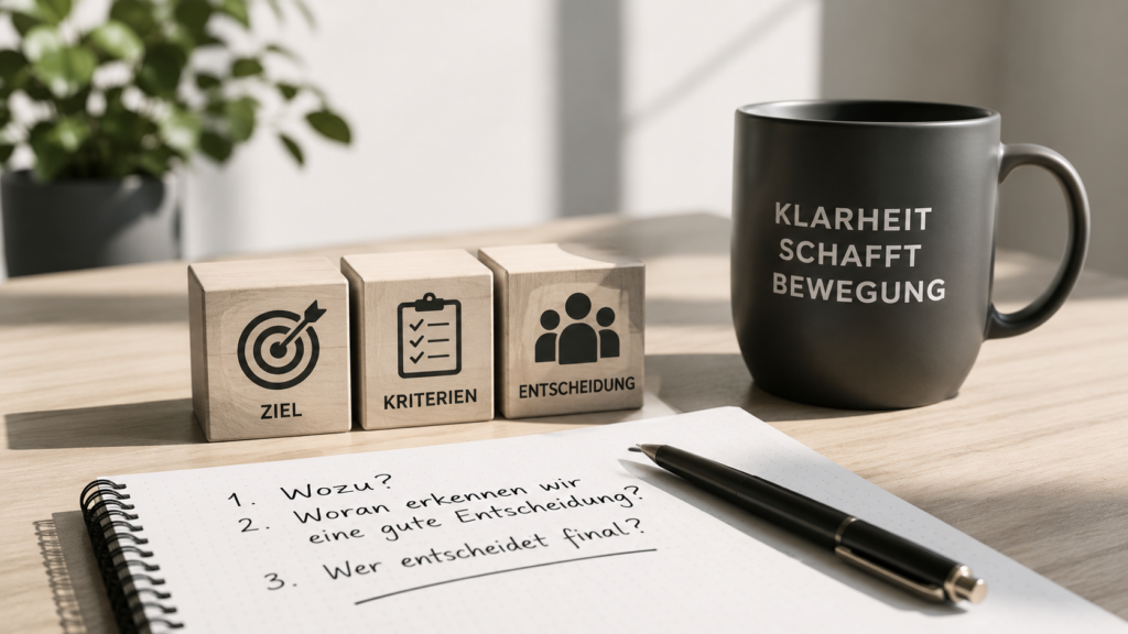 Arbeitsplatz mit Notizbuch, Symbolen für Ziele und Entscheidungen sowie einer Tasse mit der Aufschrift „Klarheit schafft Bewegung“